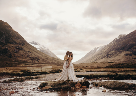 Couple holding hands on a small river island in Glencoe, Scottish Highlands wedding setting with mountains reflected in water